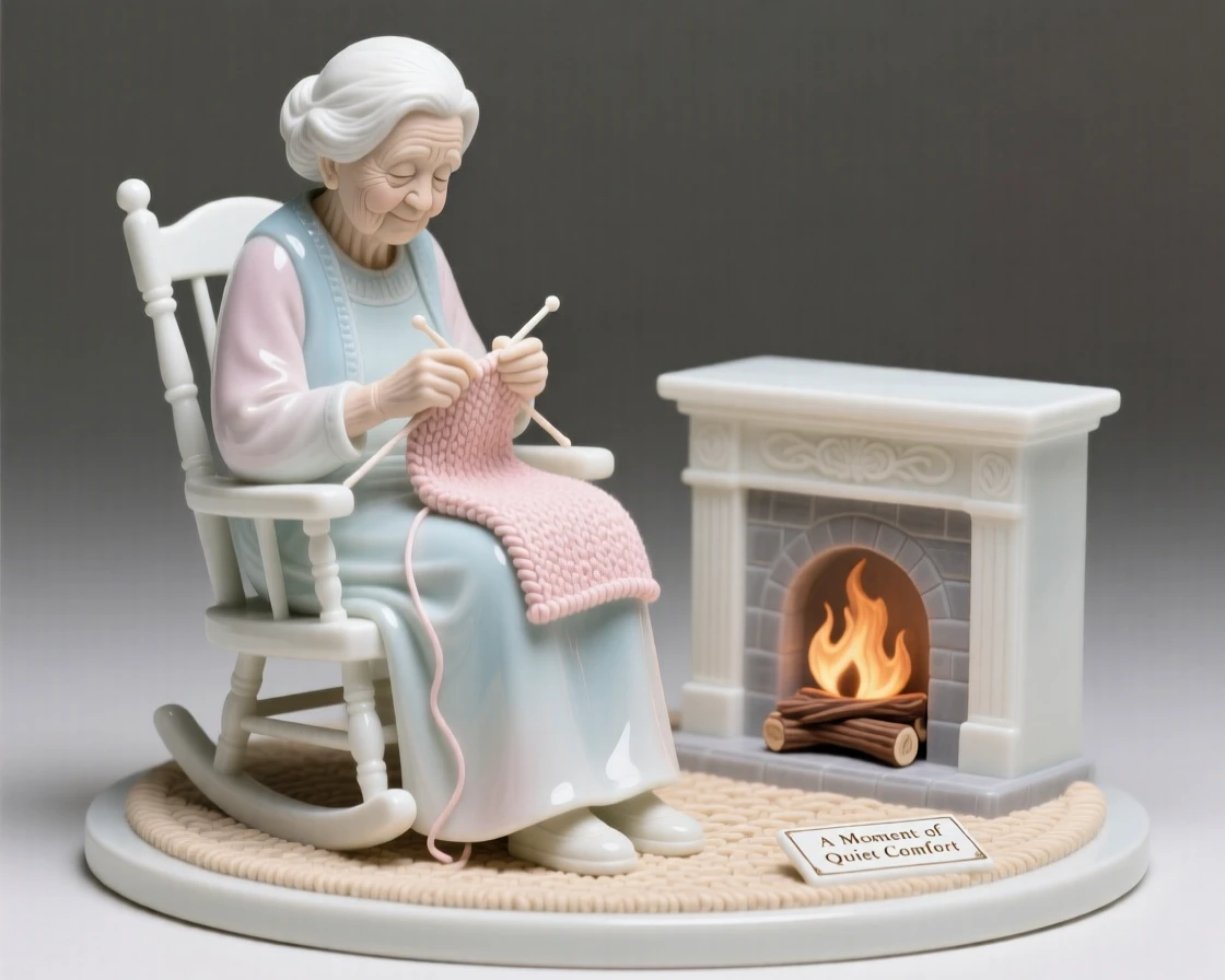 An everyday moment of quiet beauty: a grandmother knitting by a warm fire, evoking a comforting sense of home.