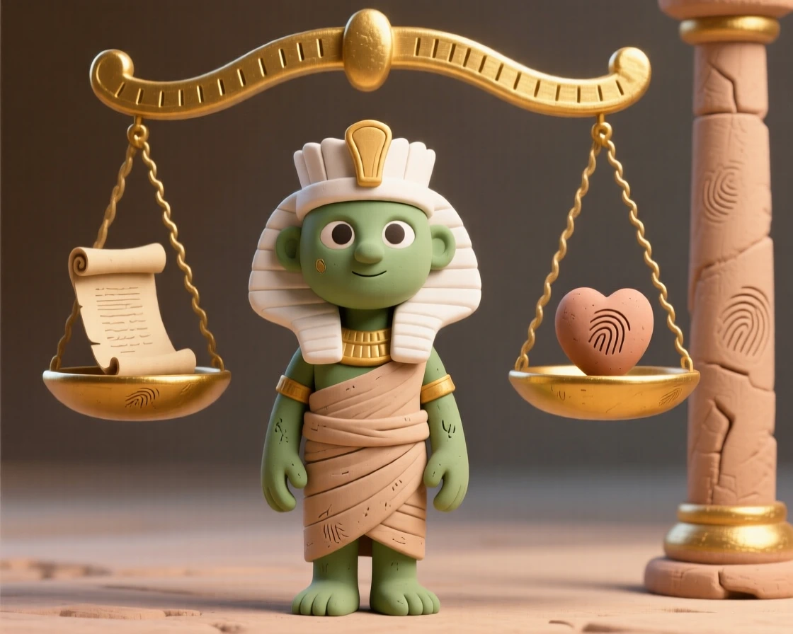 Osiris standing beneath golden scales of judgment