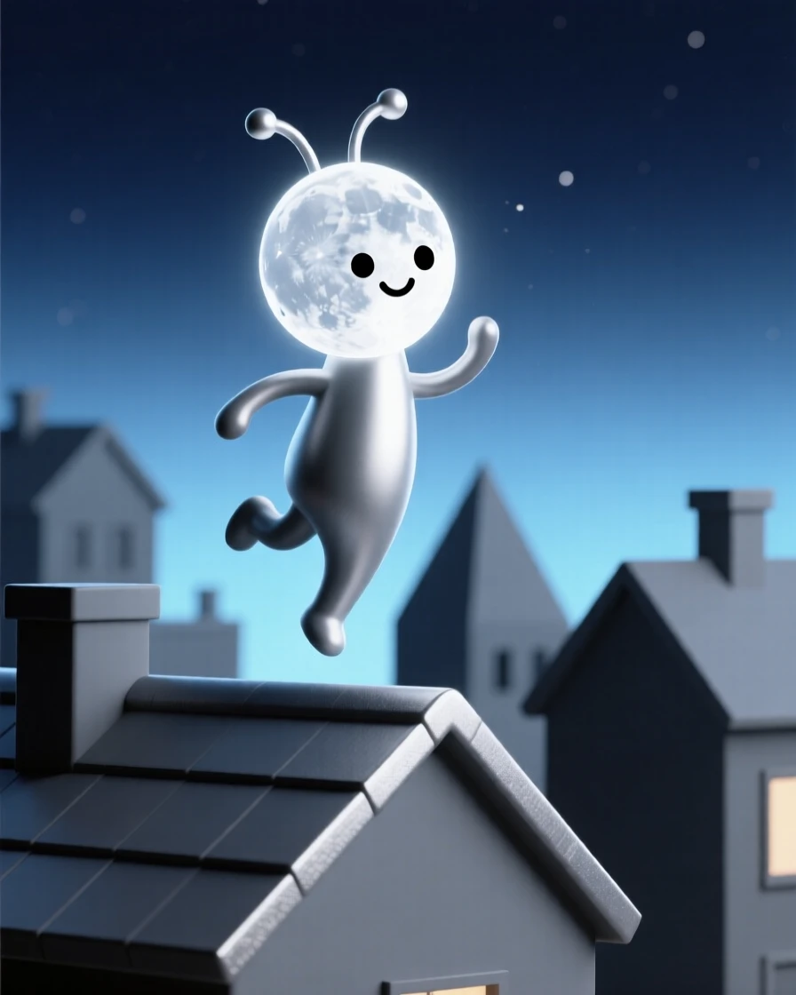 A playful moonbeam sprite bounces gently off rooftops, painting silver light across a sleeping town.