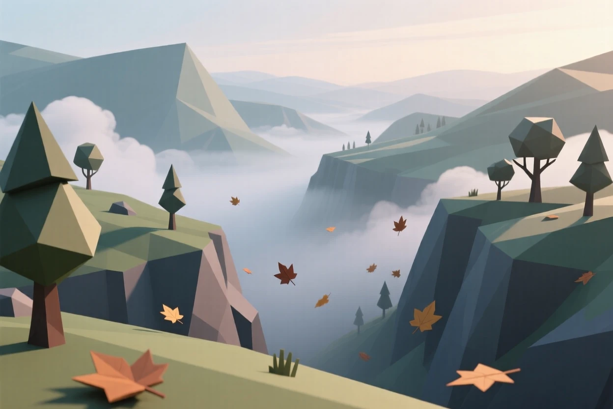 A misty valley at first light, as autumn leaves drift through the air. the composition uses a wide, sweeping perspective. The scene feels vast and awe-inspiring.
