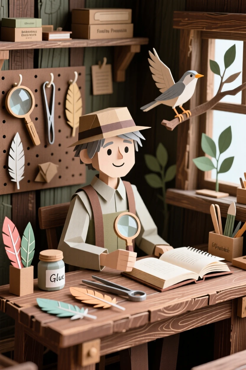 A patient birdwatcher surrounded by tools in a rustic workshop, with a look of quiet concentration, capturing mindful, patient craftsmanship.