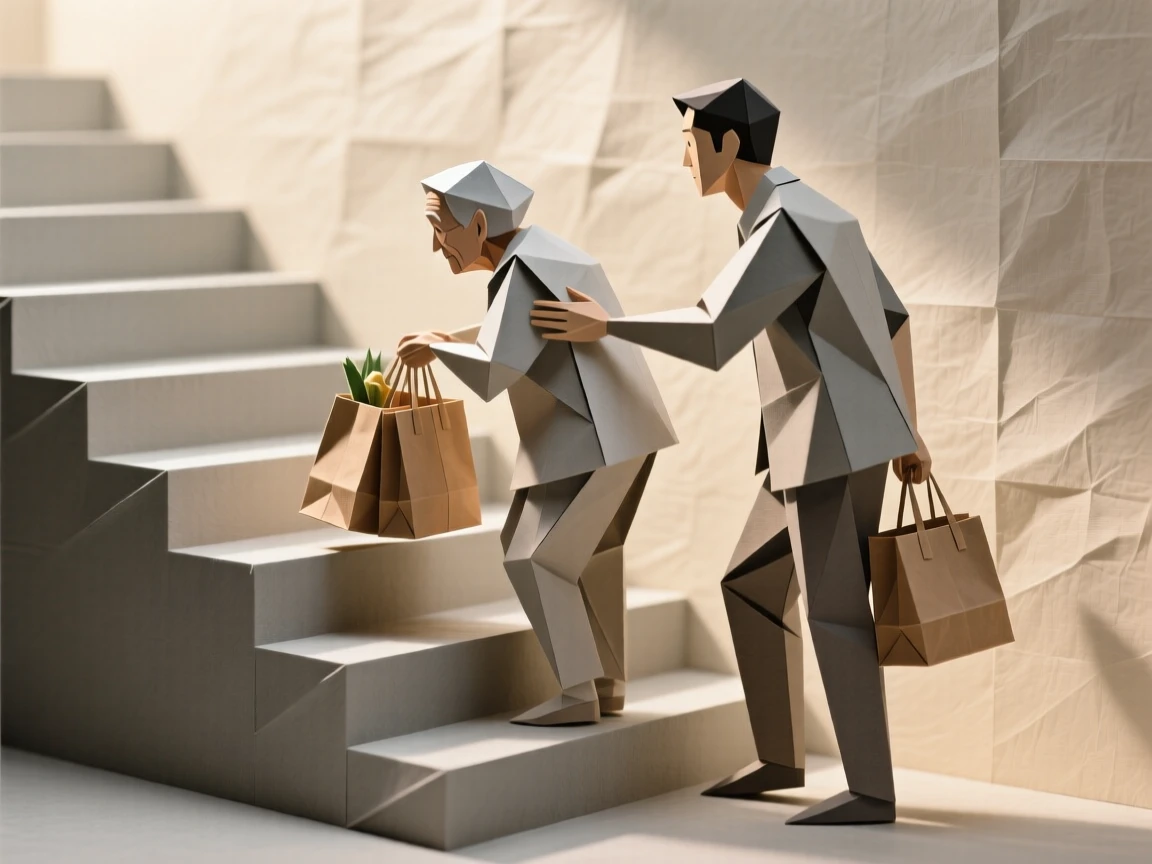 A stranger helping an elderly person carry groceries up a flight of stairs.