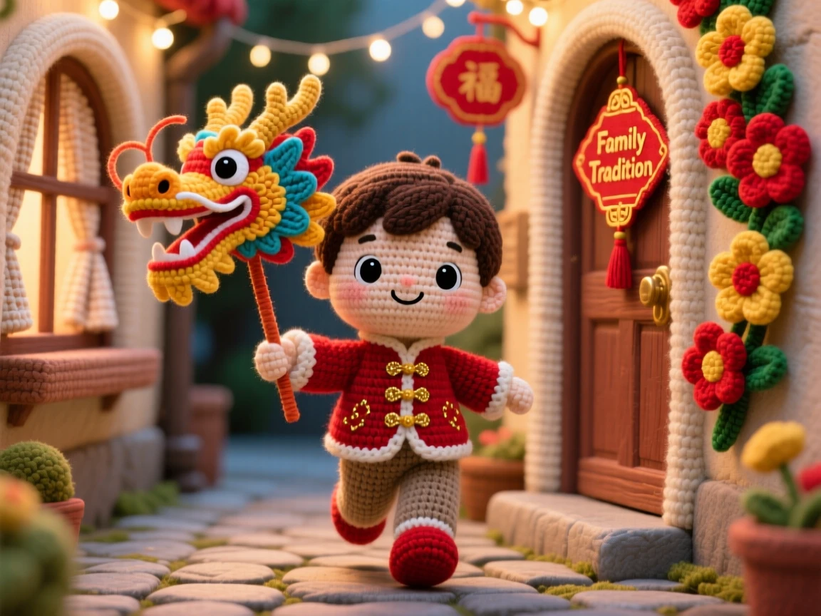 a small boy holding a paper dragon head, for a lunar new year celebration, leading a joyful dance through the street, at a cozy home decorated for a family tradition, with a garland of woven flowers draped nearby, radiating bright, celebratory warmth.