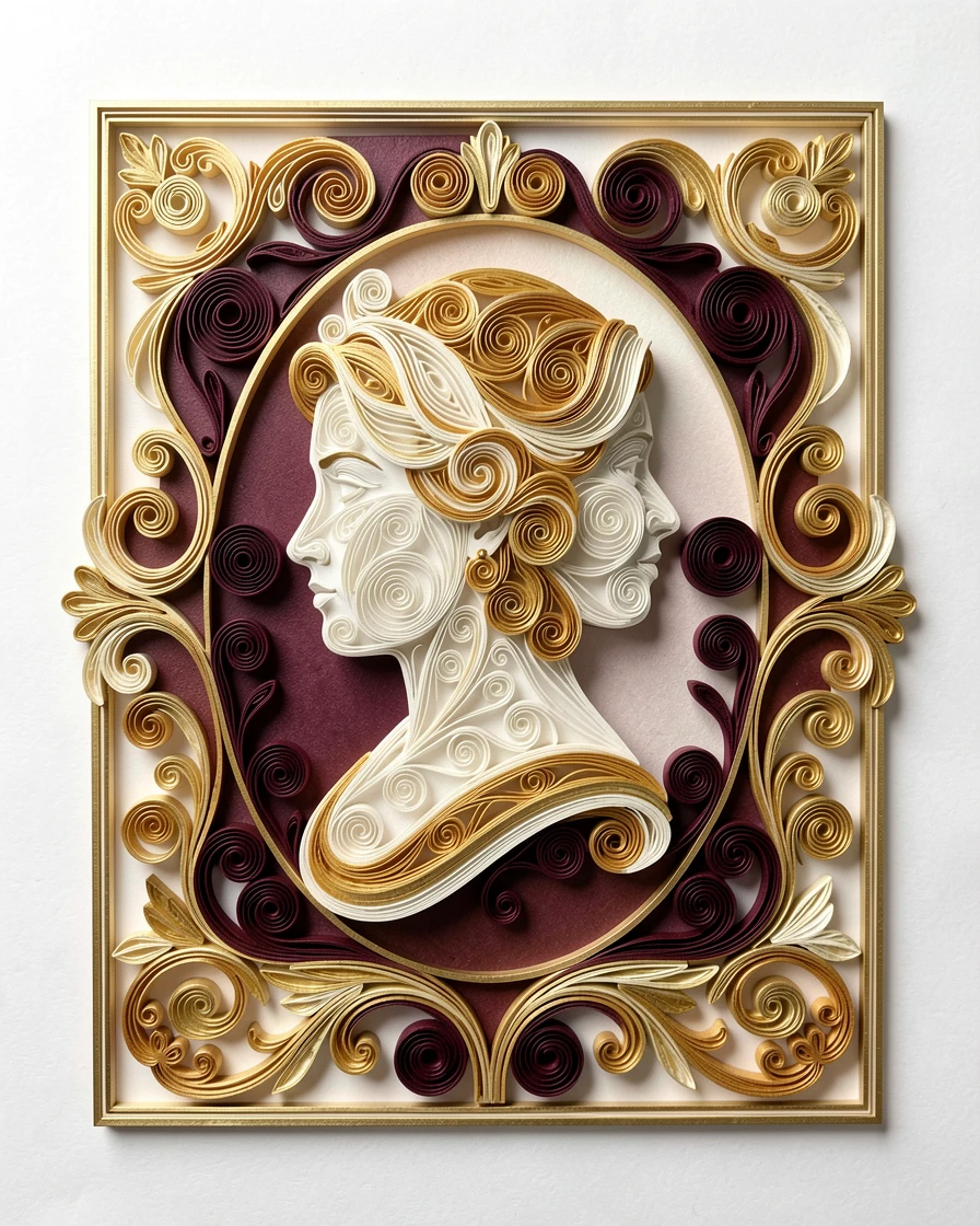 An elegant design featuring a Victorian-inspired cameo silhouette portrait, balanced with mirrored symmetry on both sides, in shades of gold, ivory, and deep burgundy, framed by a thin gold border.