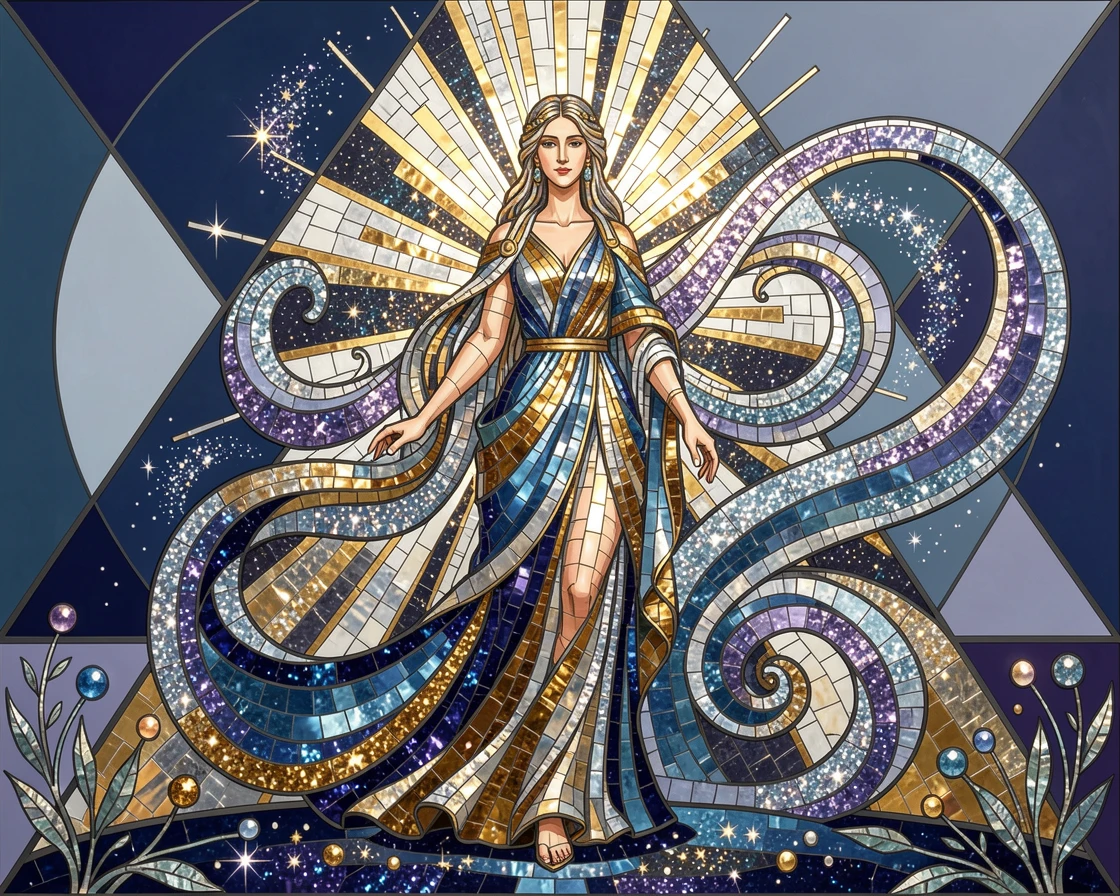 A celestial goddess figure surrounded by swirling stardust, rendered with dramatic magical lighting and rich atmospheric detail.