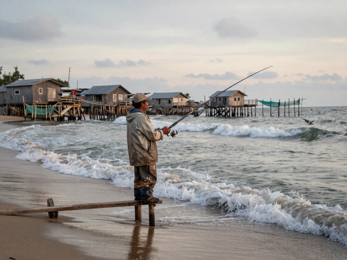 A fisherman on stilts casts his line into the surf at a remote coastal village.