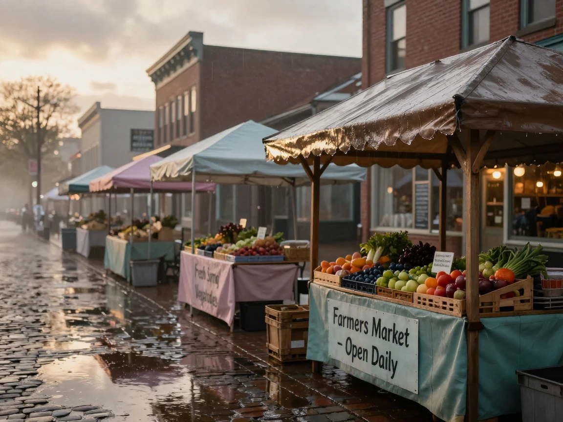 A row of market stalls soaked from a sudden spring shower as the town slowly wakes