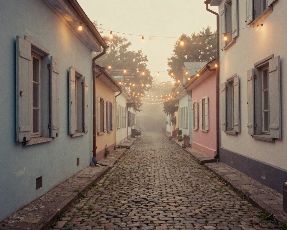A quiet lane paved with uneven cobblestones and lined with shuttered windows, under strings of warm string lights, as mist rises off the ground, during the long days of summer, in soft muted pastels, over the shoulder of the main subject.