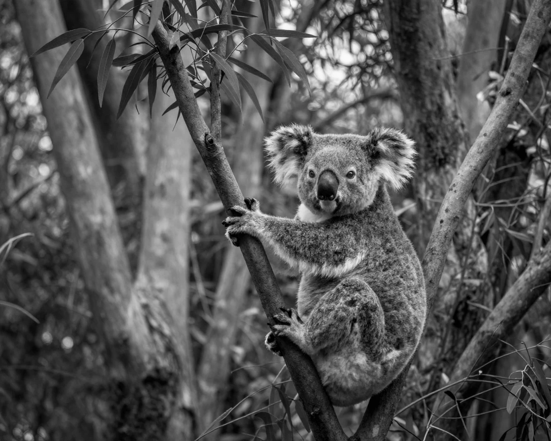 A koala clings to a swaying eucalyptus branch beneath a canopy of ancient trees.