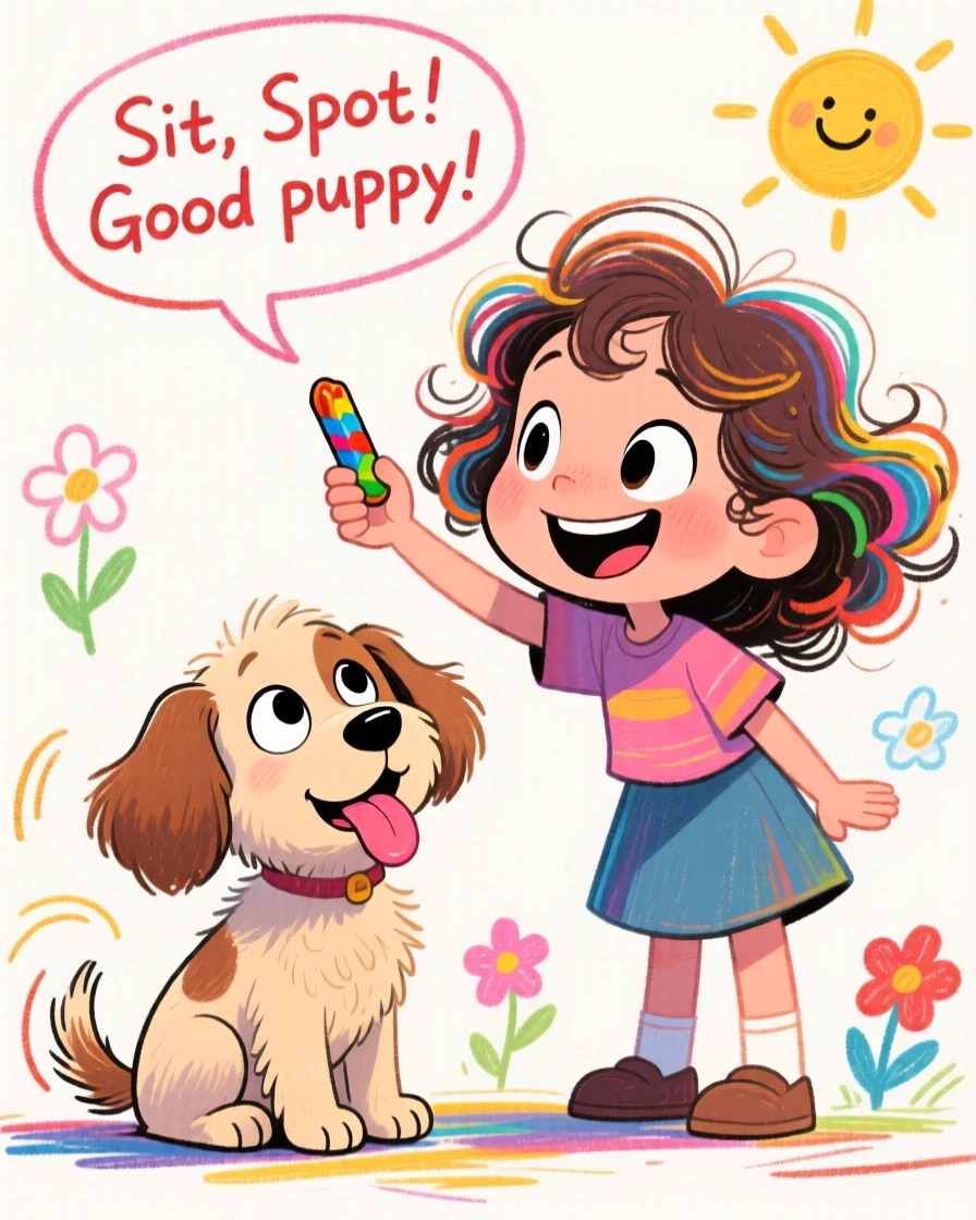 A little girl teaching her puppy to sit using a small treat held high.