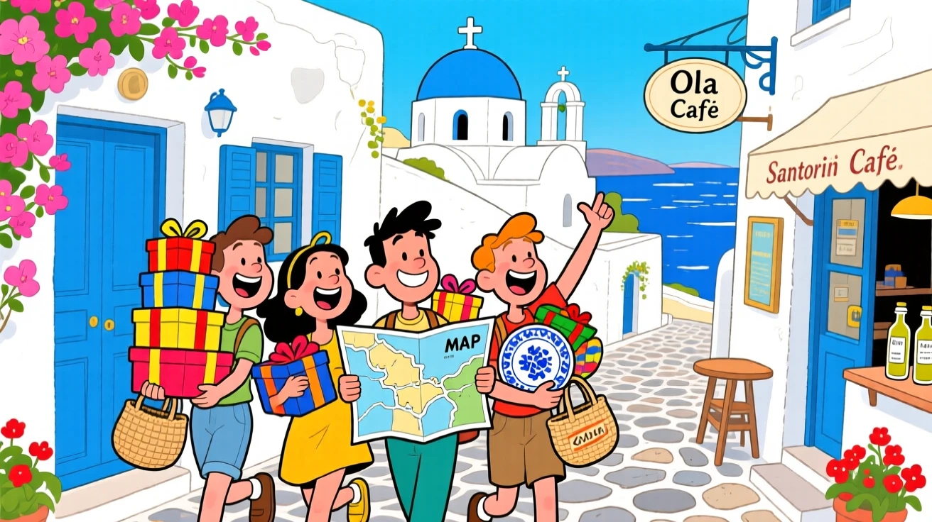 An iconic travel scene featuring a group of friends wandering the colorful streets of Santorini, with souvenirs already piling up in their arms.