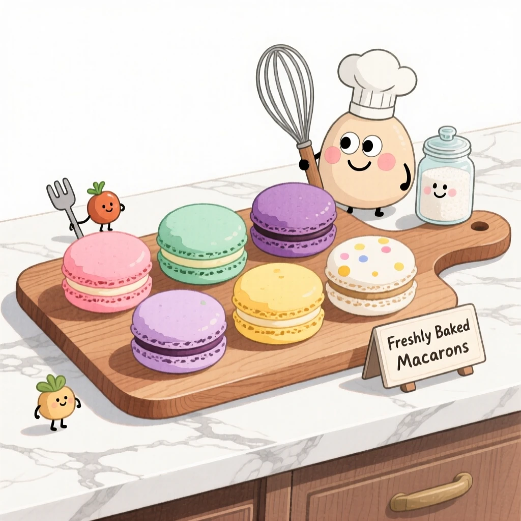 A cozy, appetizing, rustic and comforting scene of a tray of colorful macarons arranged on a marble counter