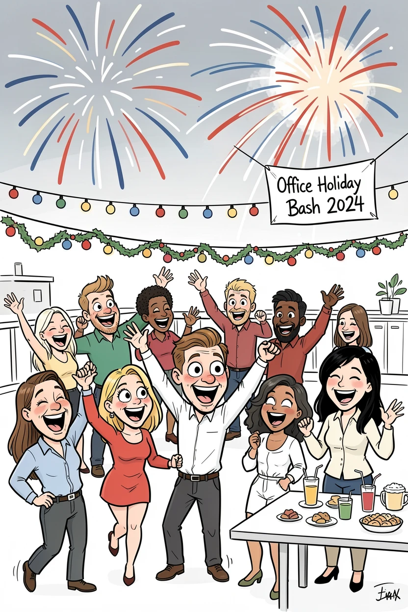 [Seasonal Holidays & Celebrations] Festive scene of a joyful office holiday party setting off a spectacular fireworks display, full of celebration and joy