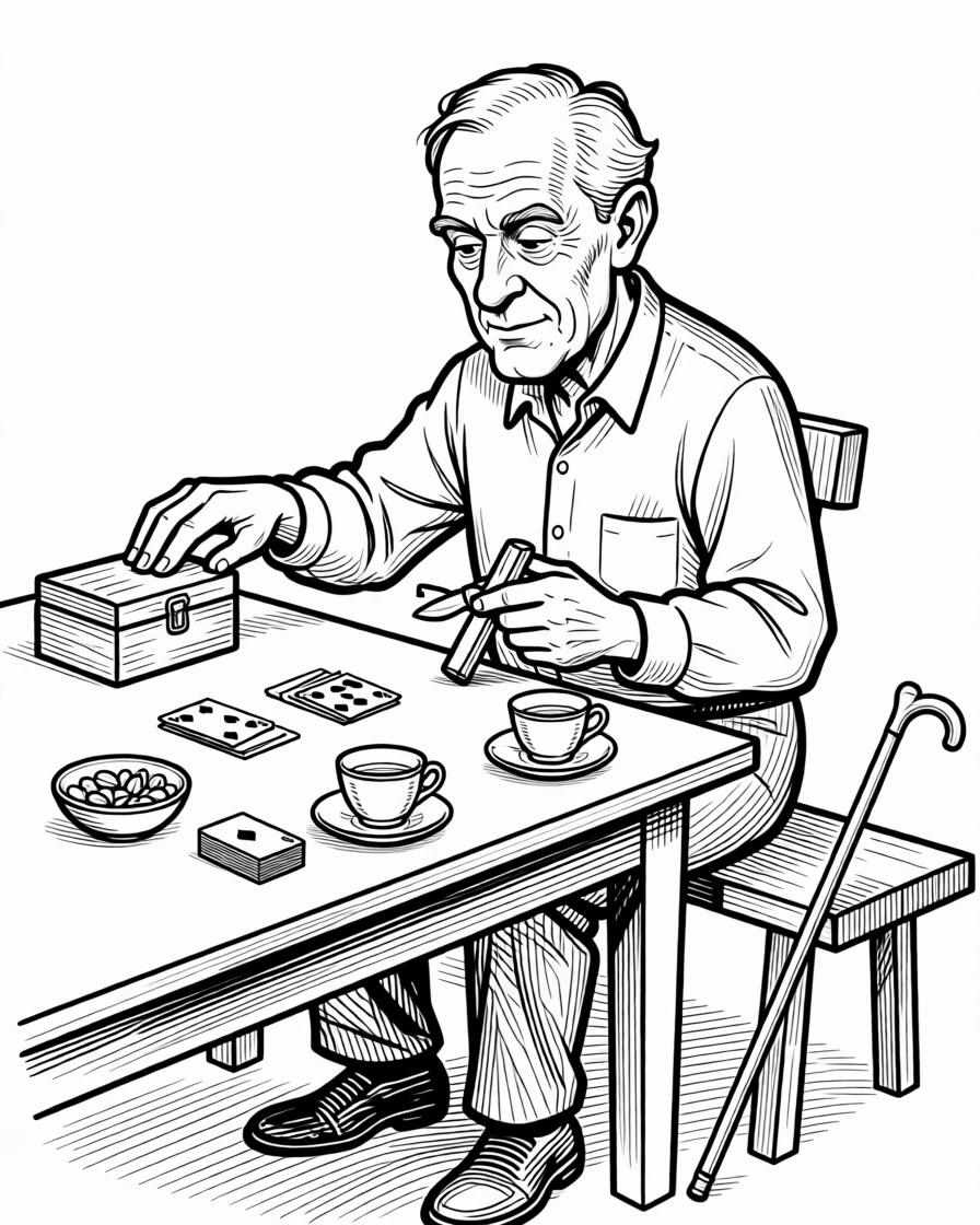 A grandfather whittling a small wooden toy, tapping the cover meaningfully with a knowing look, set at a kitchen table set for an evening game. A cane leans against a nearby bench, momentarily forgotten. The image honors a lifetime of stories worth telling.