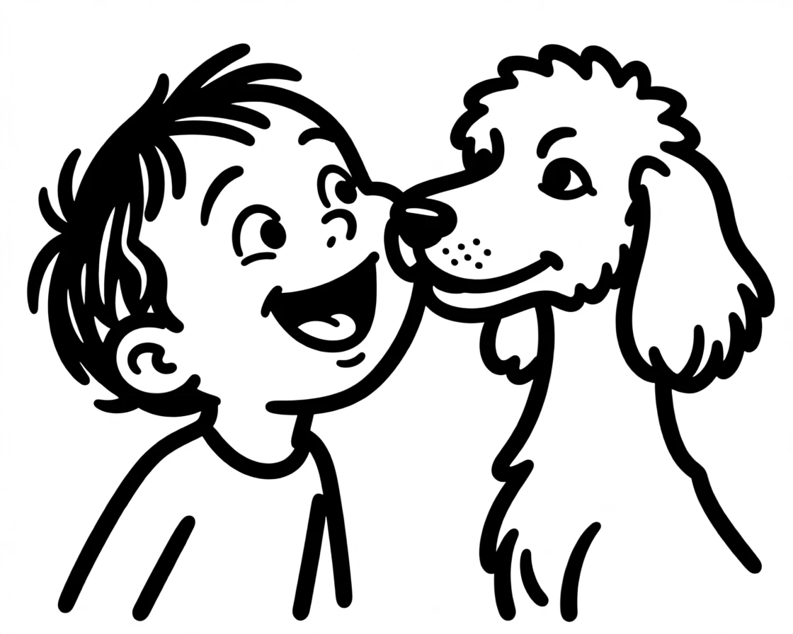 A poodle getting kissed on the head by a delighted toddler.