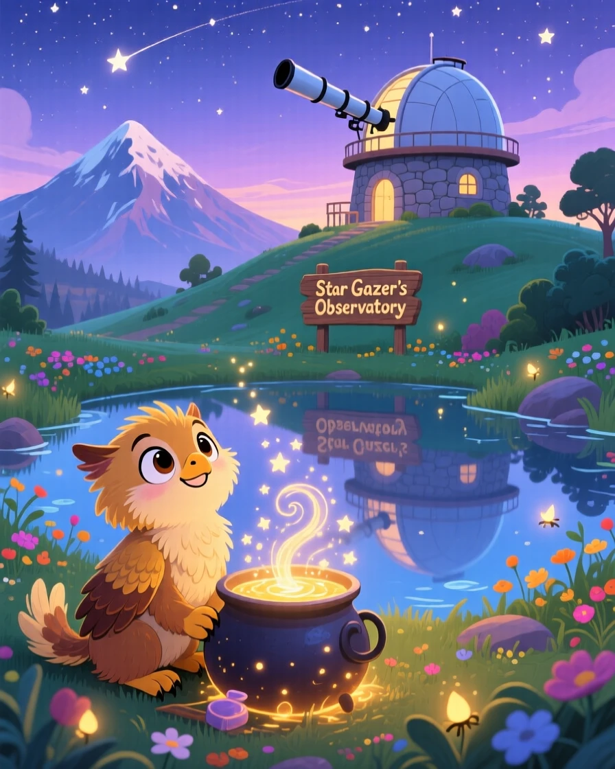 A griffin cub pauses from brewing a shimmering potion to marvel at a mountaintop observatory, as reflections shimmer on the still water.
