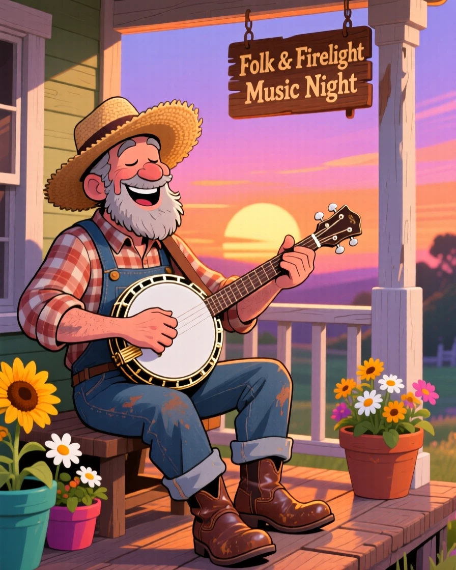 A folk musician strumming a banjo on a porch at sunset.
