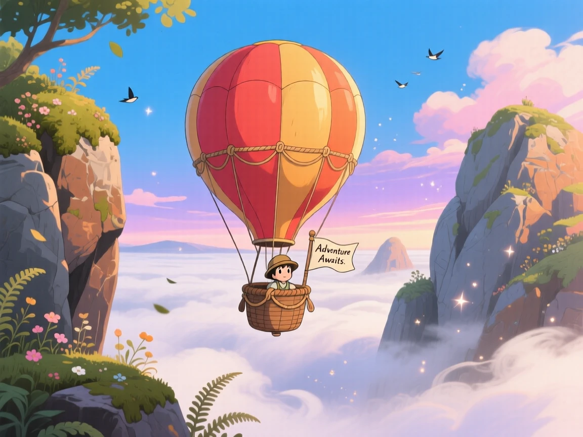 A stunning view of a hot air balloon drifting above a layer of morning fog, framed between two rocky outcrops.