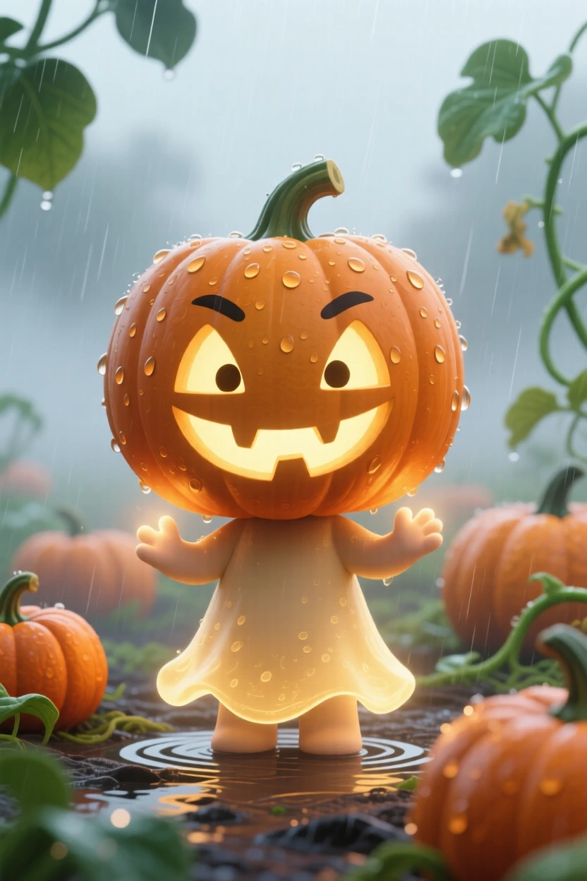 Waist-up portrait of a smiling jack-o'-lantern spirit, lighting the way with a gentle glow, in a misty pumpkin patch, during a gentle spring rain shower, illuminated by diffused overcast light, radiating playful mischief.