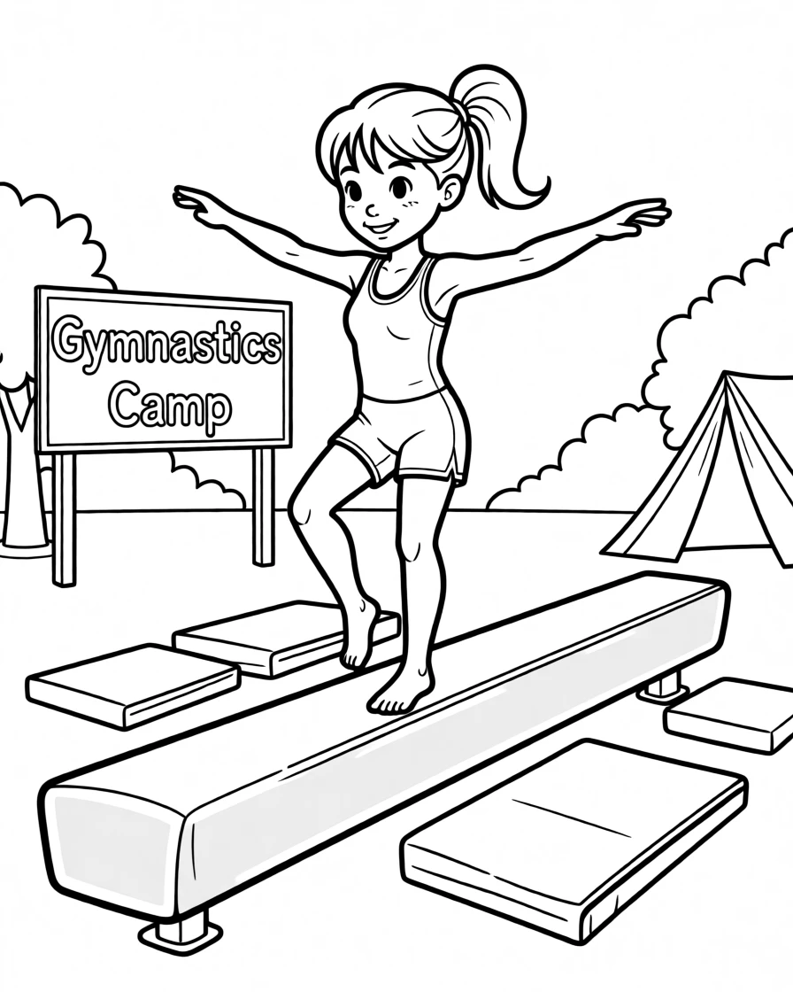 A child practicing balance on a beam at gymnastics camp