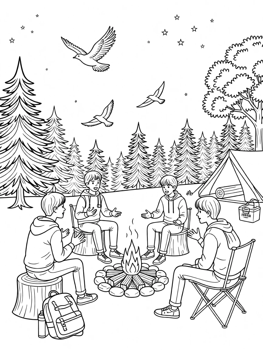 A campfire circle with friends telling stories under the stars, with birds circling high above the treetops.