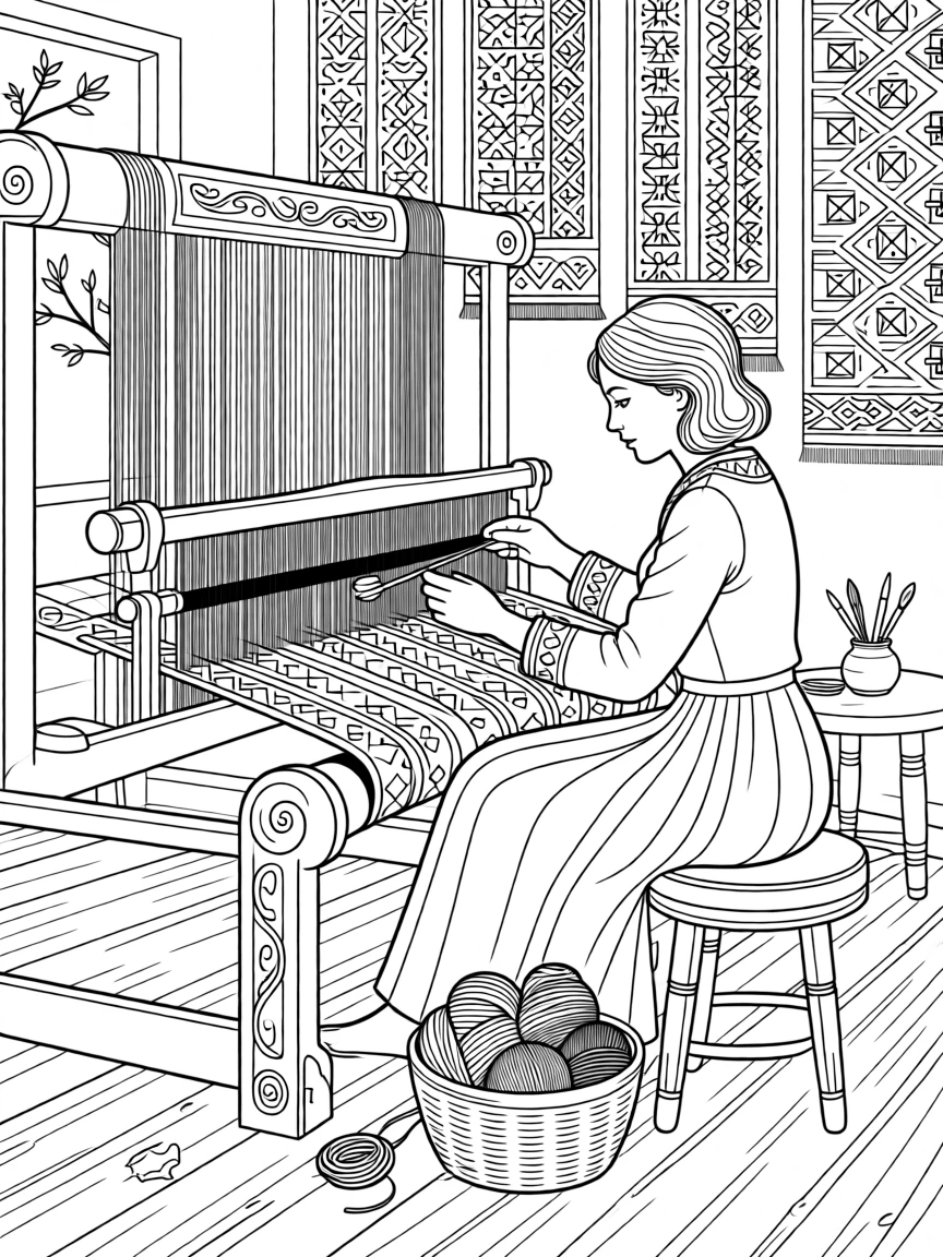 A woman weaving a rug on a traditional loom.