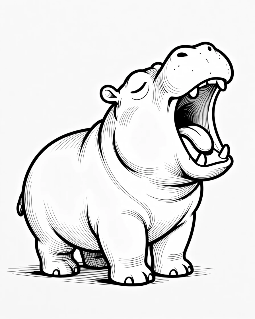 A chubby baby hippo yawning widely