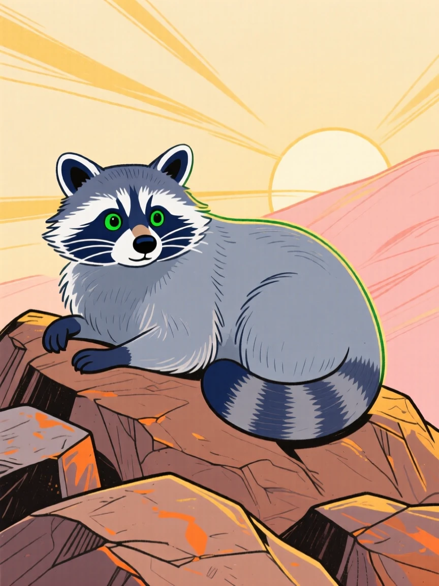 A curious raccoon resting on a rocky hillside at sunrise.