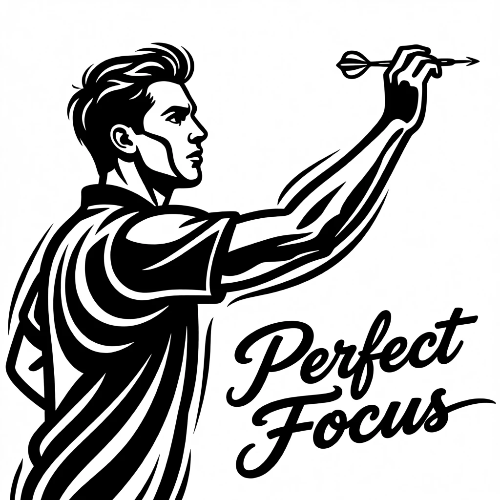 A darts player releasing a throw with perfect focus.