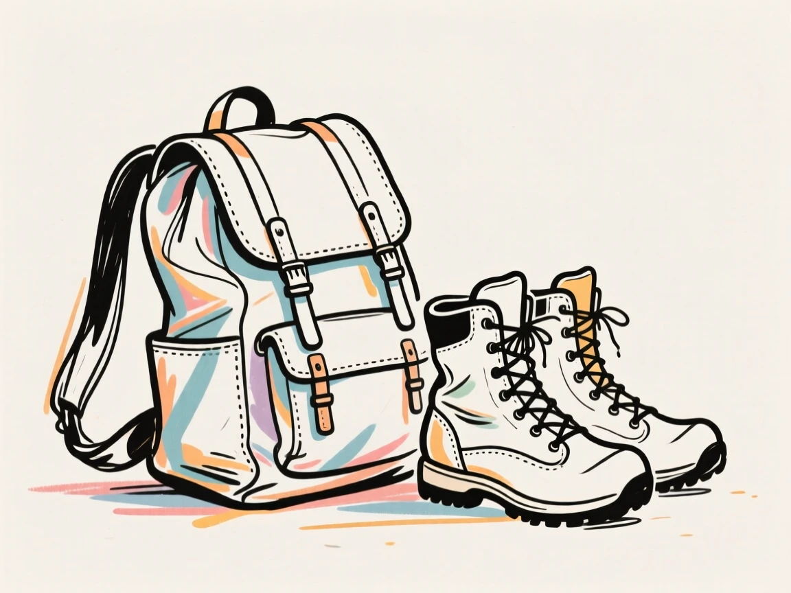 A leather backpack resting beside a pair of hiking boots.