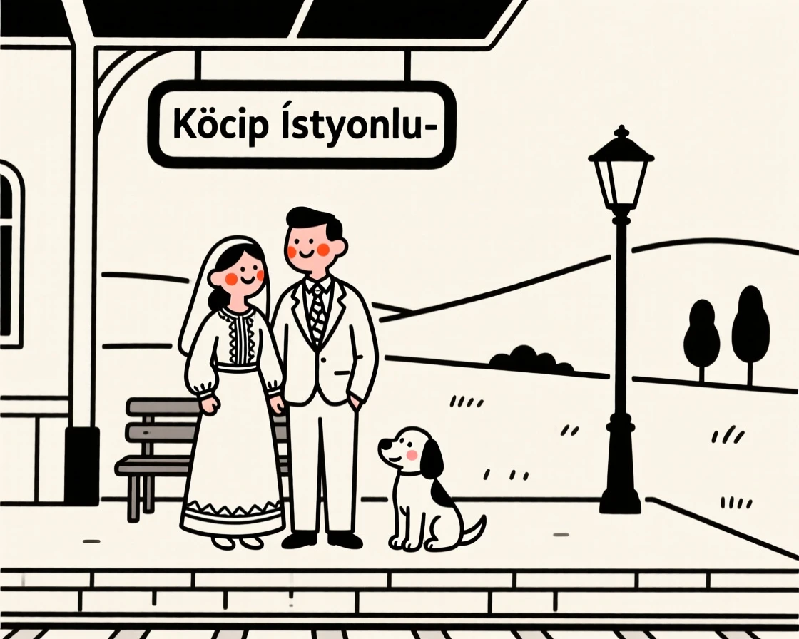 Newlyweds of Turkish heritage celebrating a retirement, at a rural train station.