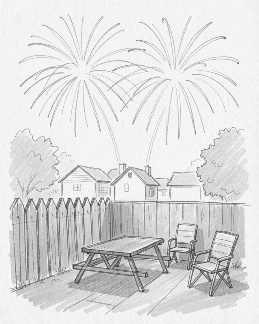 Fireworks bursting over a summer night skyline, in a warmly lit backyard, with warm golden light everywhere.