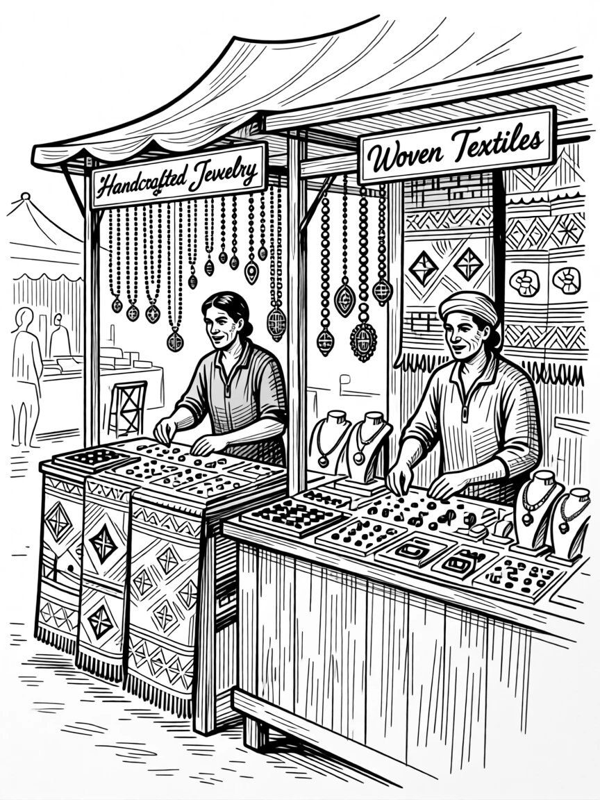 A vibrant traditional market selling handcrafted jewelry and woven textiles.