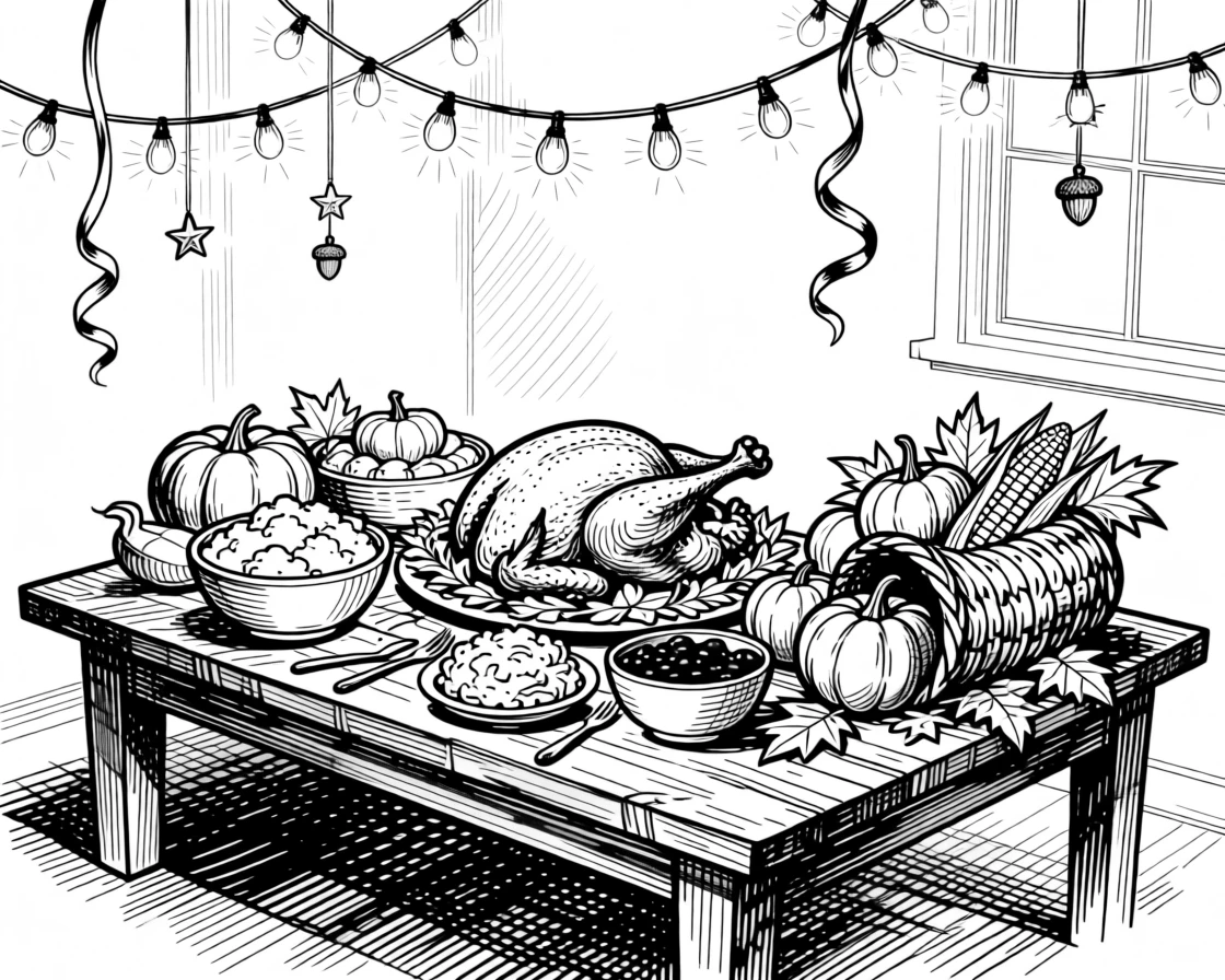 A thanksgiving table laden with a harvest feast beneath strings of warm glowing lights, with ribbons and ornaments catching the light, capturing a joyfully nostalgic seasonal moment.