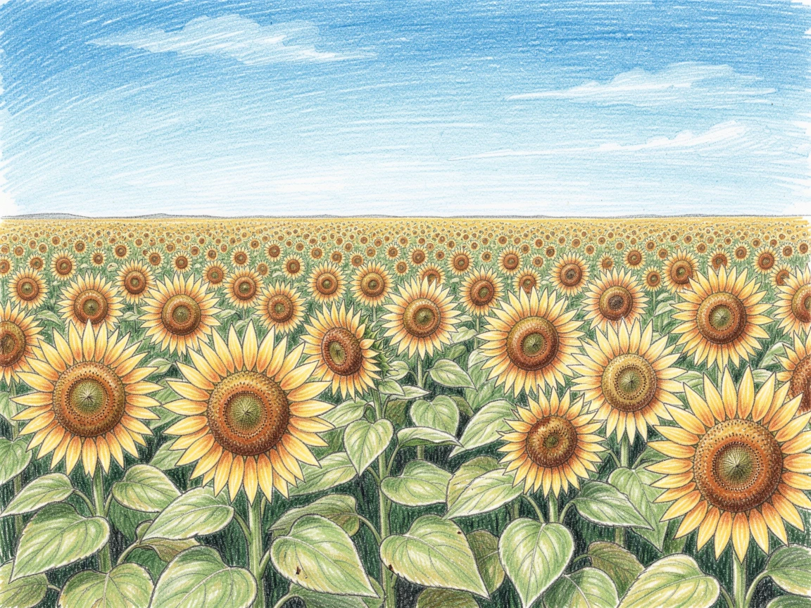 A sunflower field stretching endlessly beneath a bright blue sky, with rich, inviting textures throughout the scene, evoking nostalgia and a deep sense of contentment.