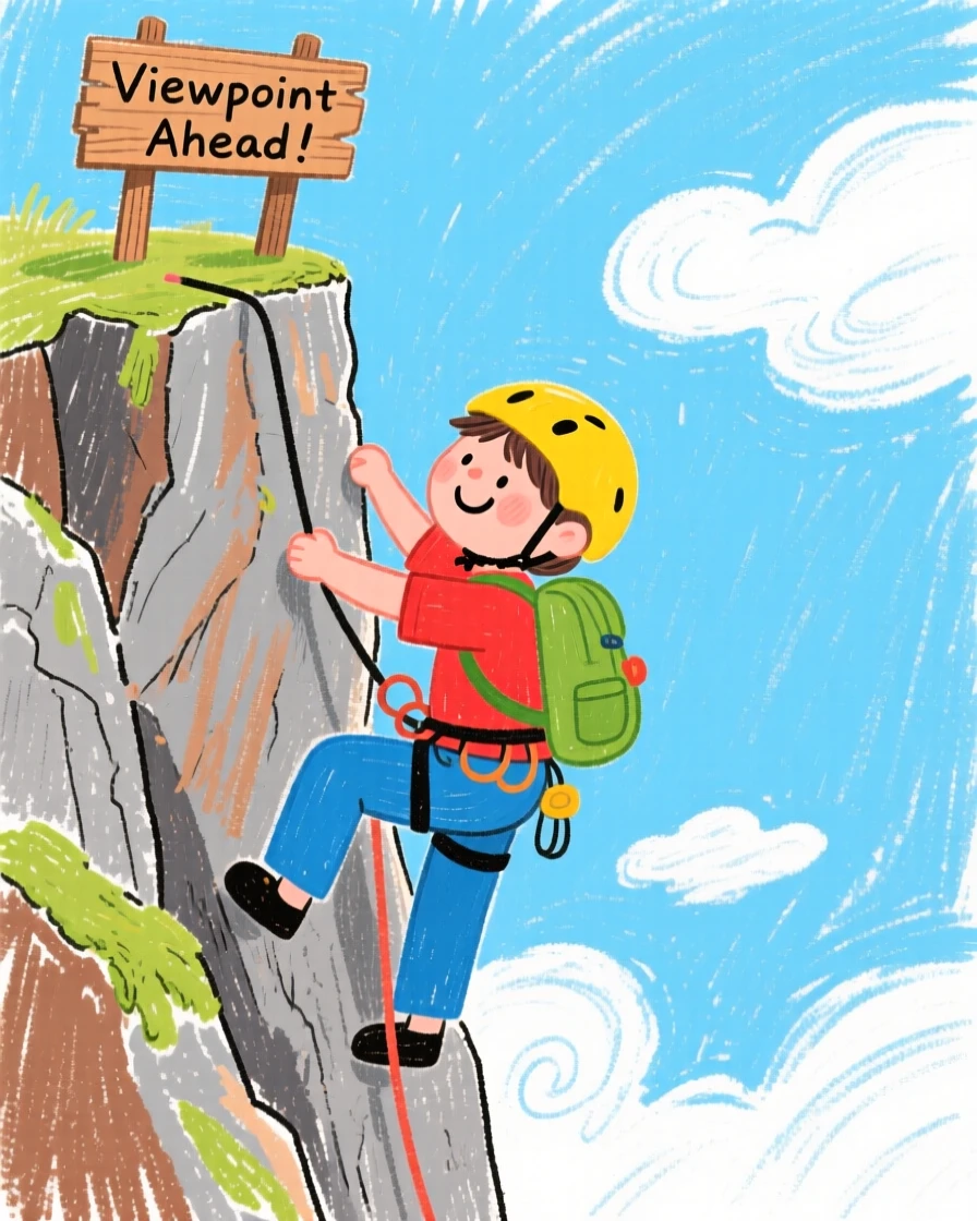 A rock climber climbing toward a dramatic cliffside viewpoint.