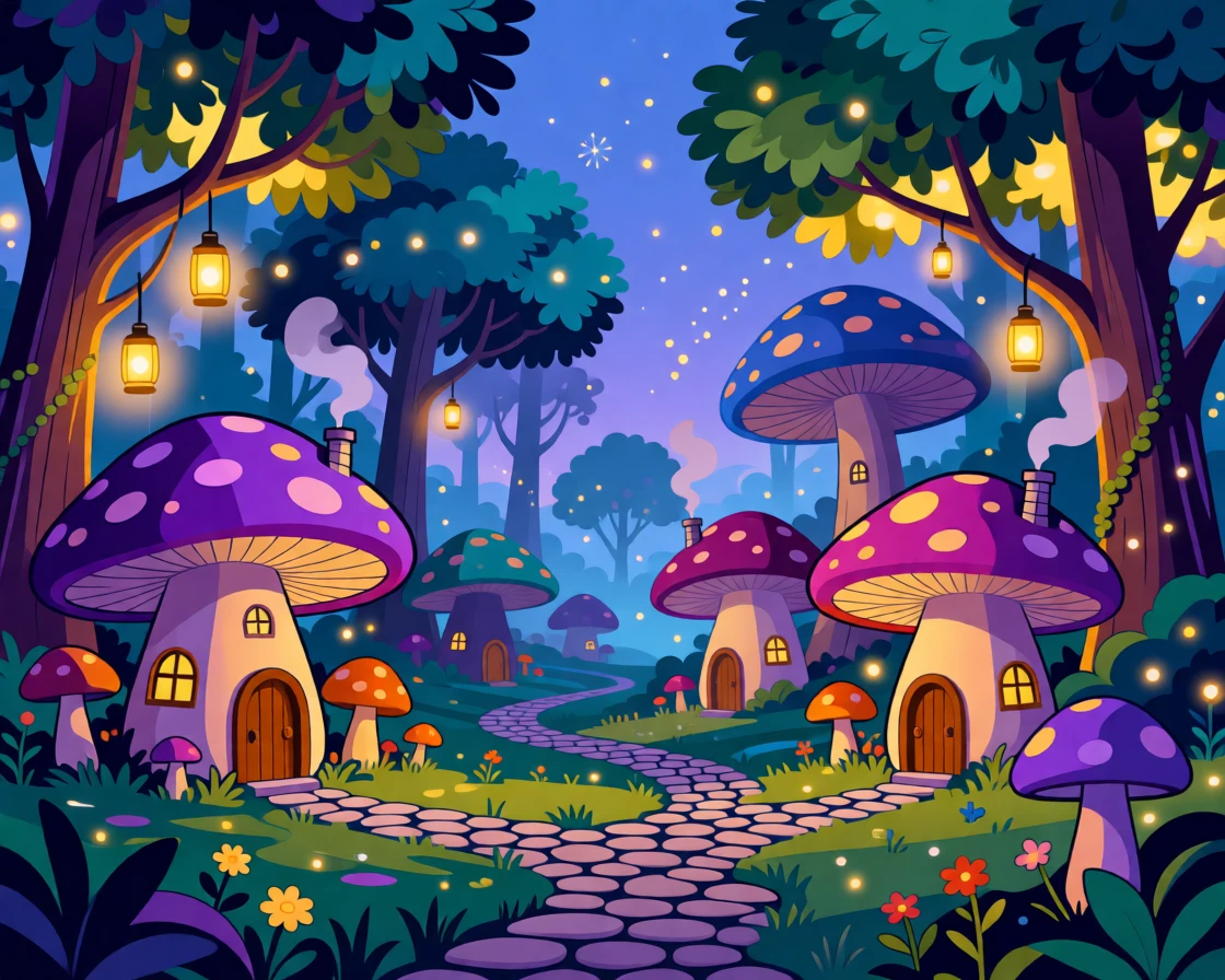 A whimsical mushroom village lit by tiny glowing lanterns, surrounded by an enchanted forest alive with soft light, composed with layered depth creating a vast fantastical world, with subtle magical particles drifting through the air.