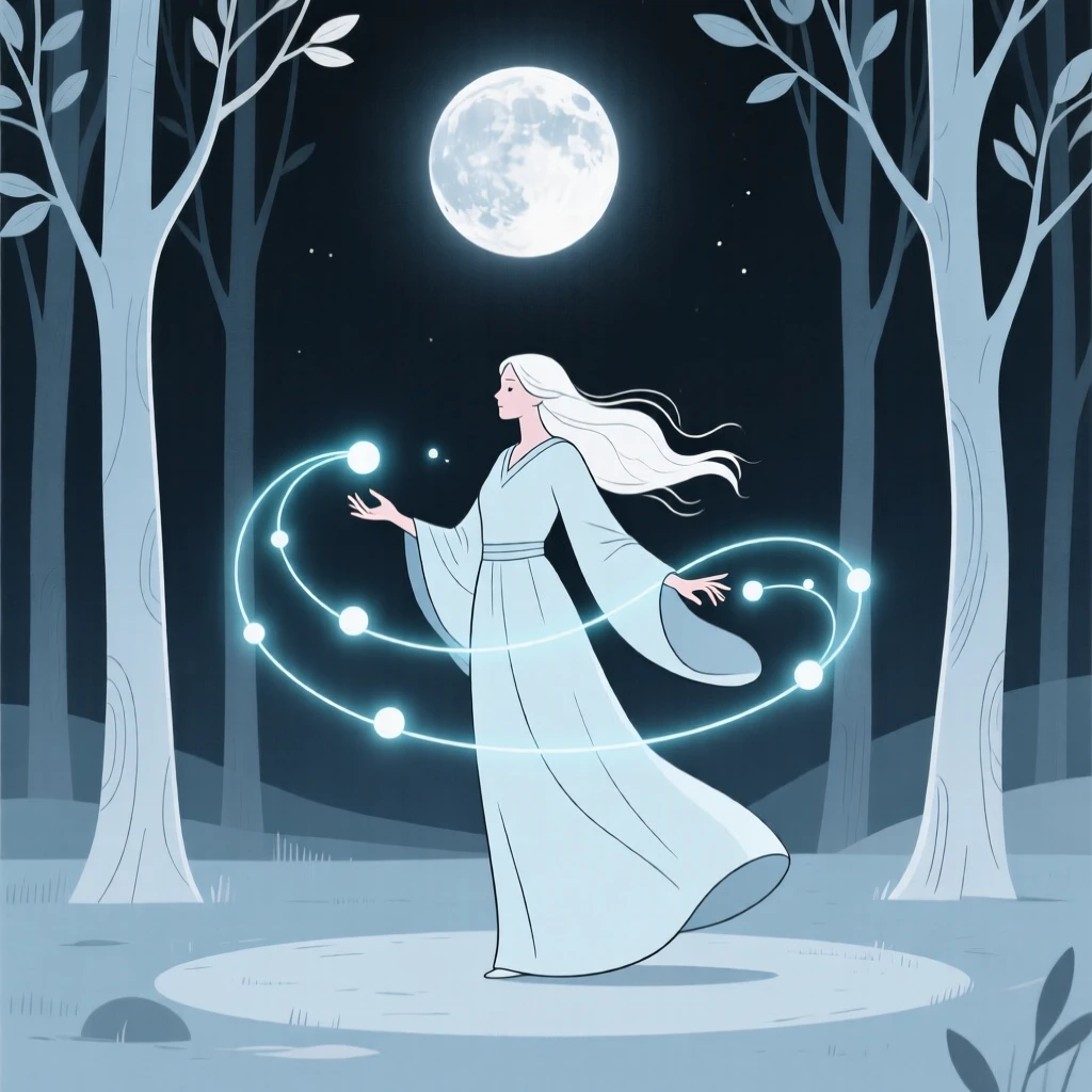 A wandering sorceress weaving spells of light near a moonlit clearing.