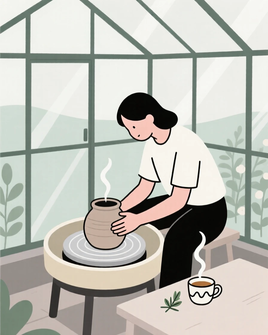 A person throwing pottery on a wheel in a garden greenhouse, surrounded by a cup of herbal tea, showing peaceful absorption.