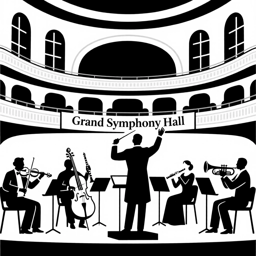 A symphony orchestra mid-performance in a grand concert hall.