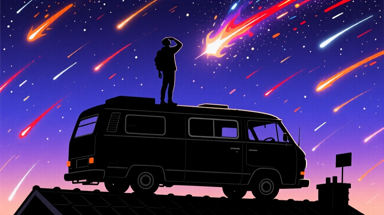 A traveler watching a meteor shower from the roof of a parked van.