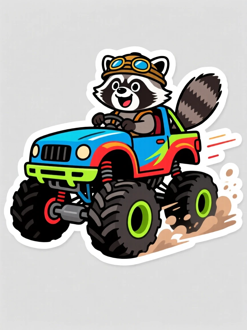 A brightly stylized monster truck driven by a tiny excited raccoon, ready for the next big adventure, during an exciting made-up adventure.
