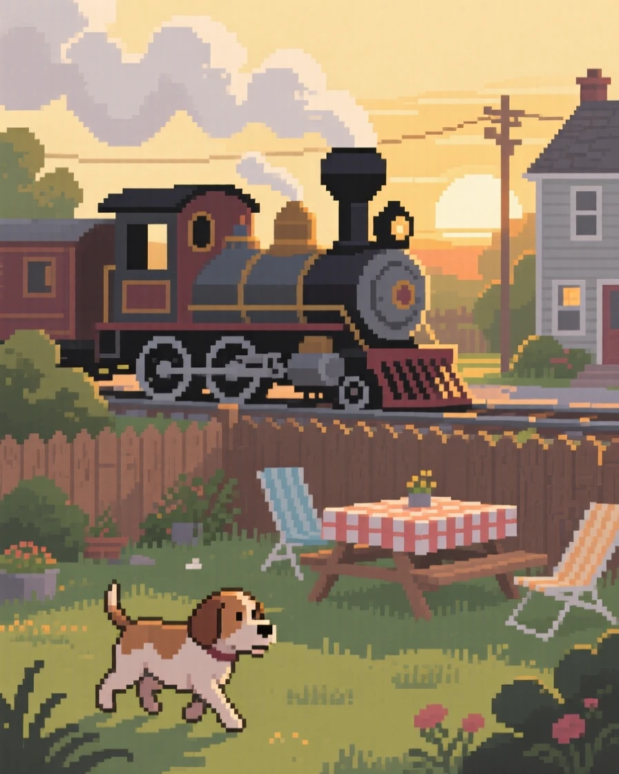 A train chugging through a small town with an old dog trotting along beside them, in a backyard set up for a summer evening.