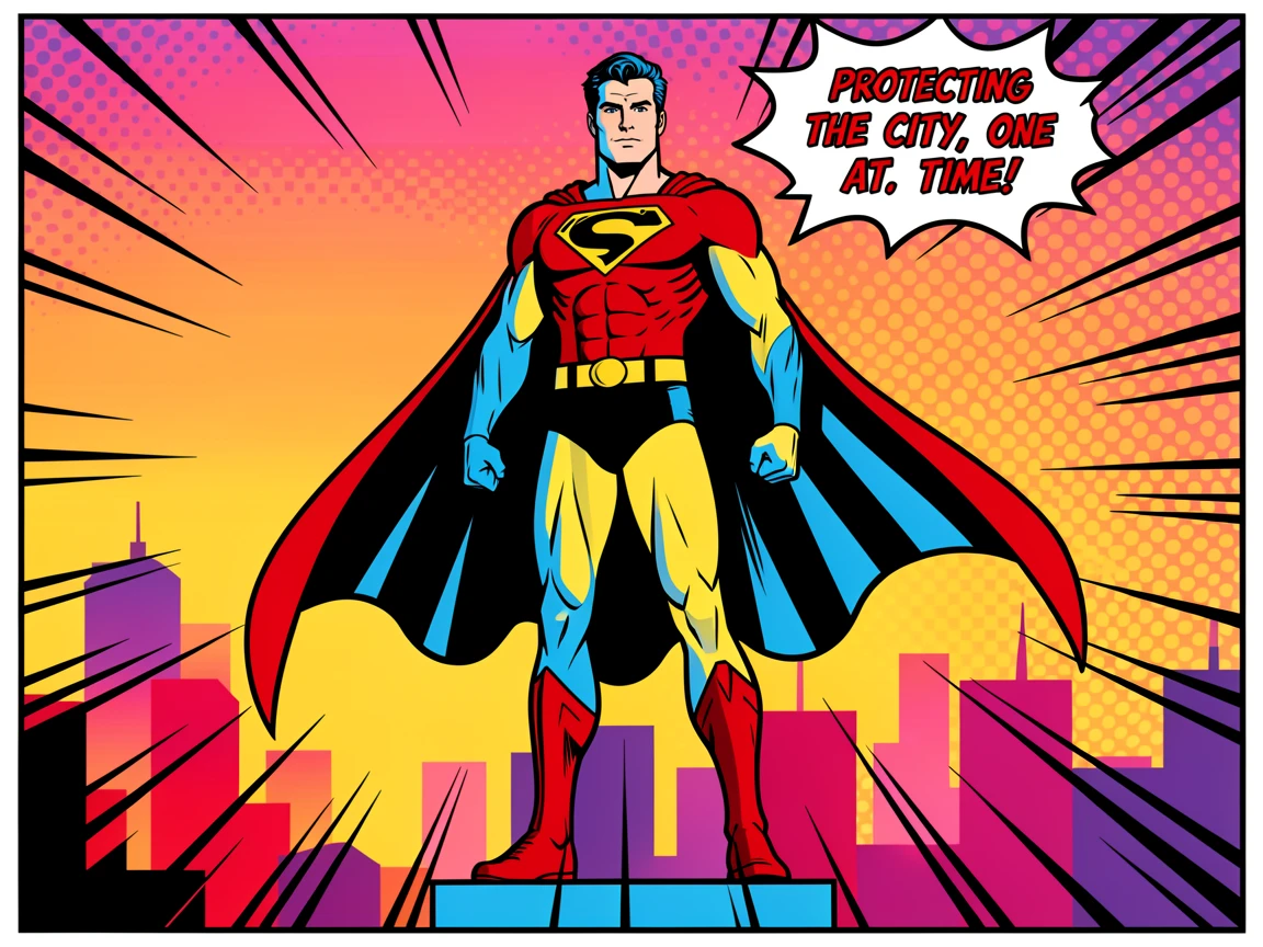A superhero standing atop a skyscraper at sunset