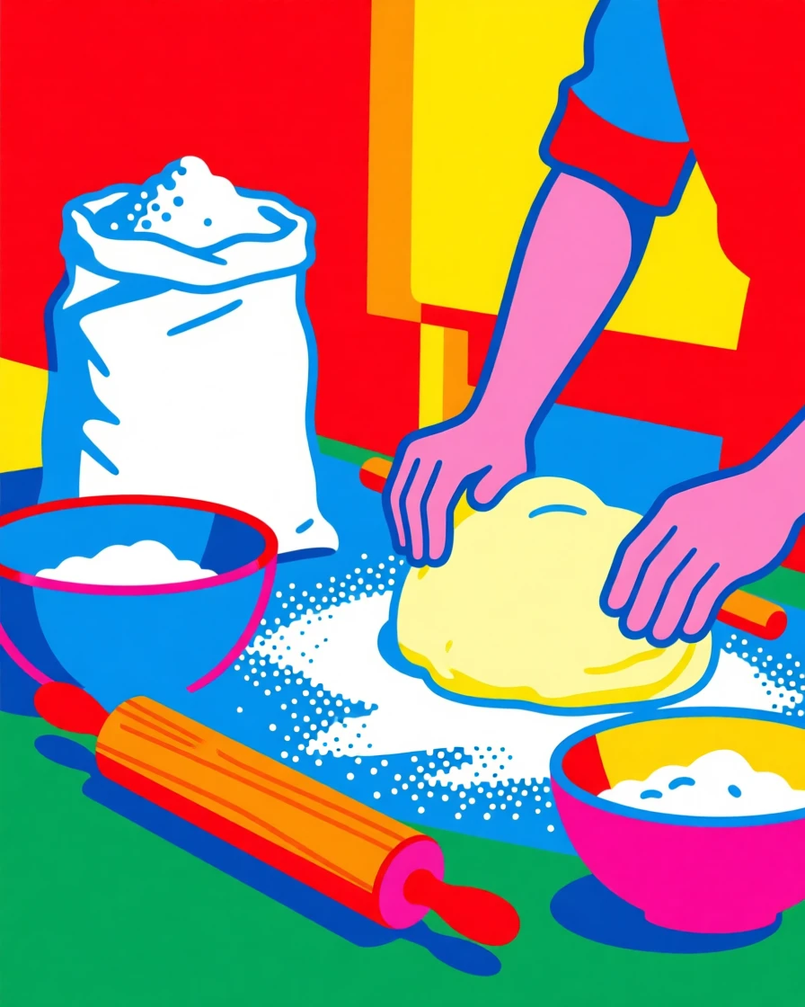 Home baking setup with flour and a rolling pin