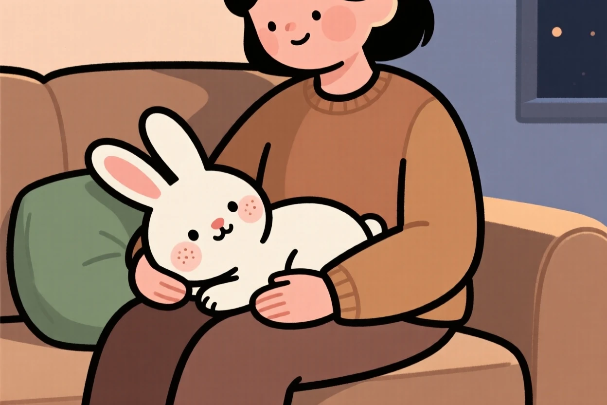 A gentle rabbit rests its head on its owner's lap during a quiet evening on the couch, both perfectly content.