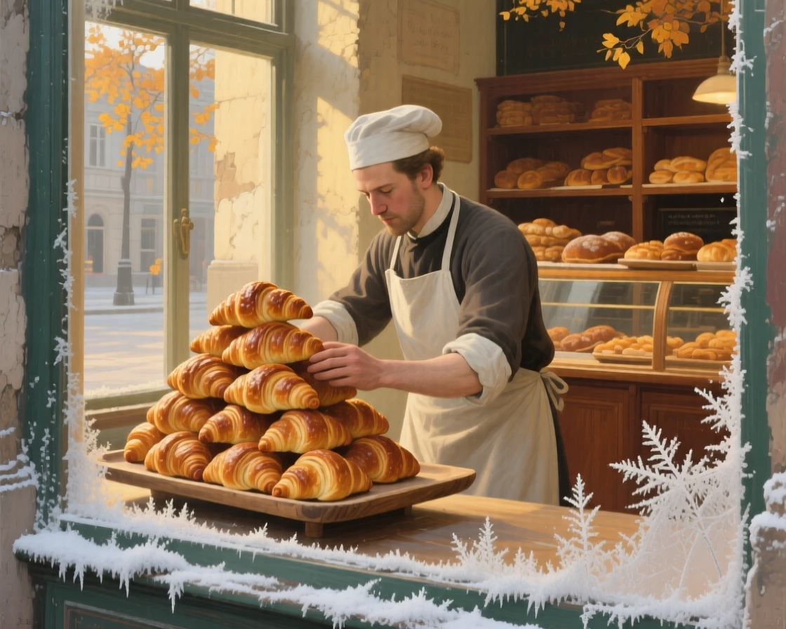 A well-framed scene of a baker arranging golden croissants in a sunlit shop window, during the first frost of autumn, in old Vienna.