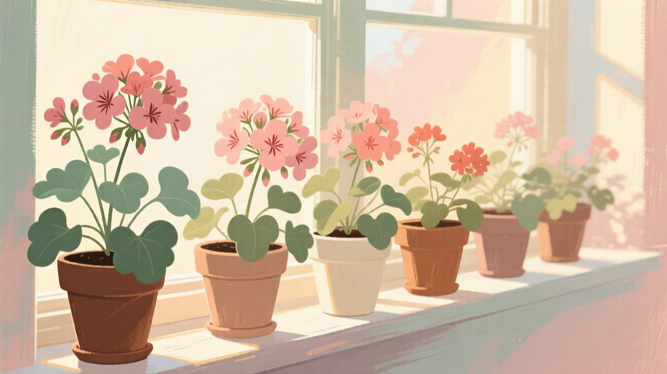 A row of potted geraniums lining a sunlit windowsill