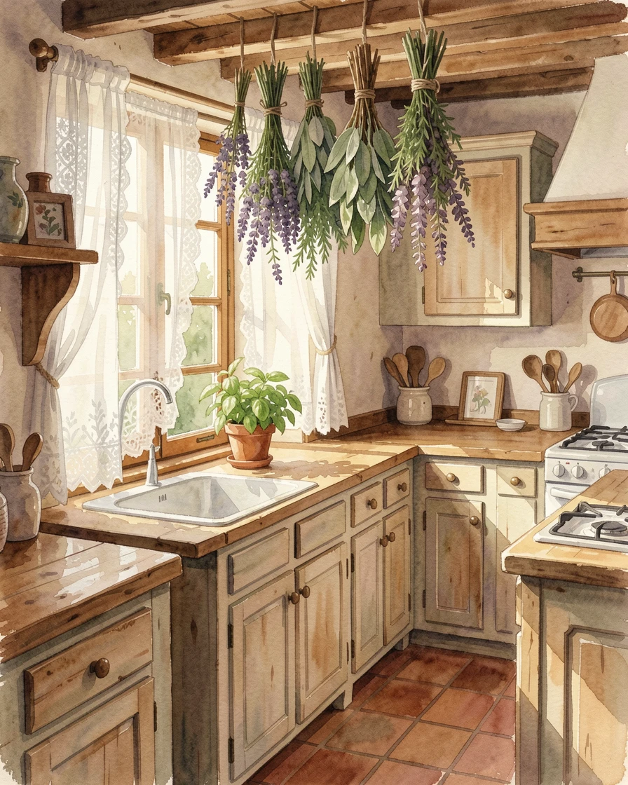 A cottage kitchen with drying herbs hanging from the ceiling with soft afternoon light streaming through lace curtains.