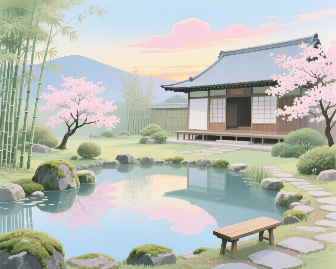 A serene view of a quiet monastery garden, as calm waters reflect the sky above, evoking calm and quiet reflection